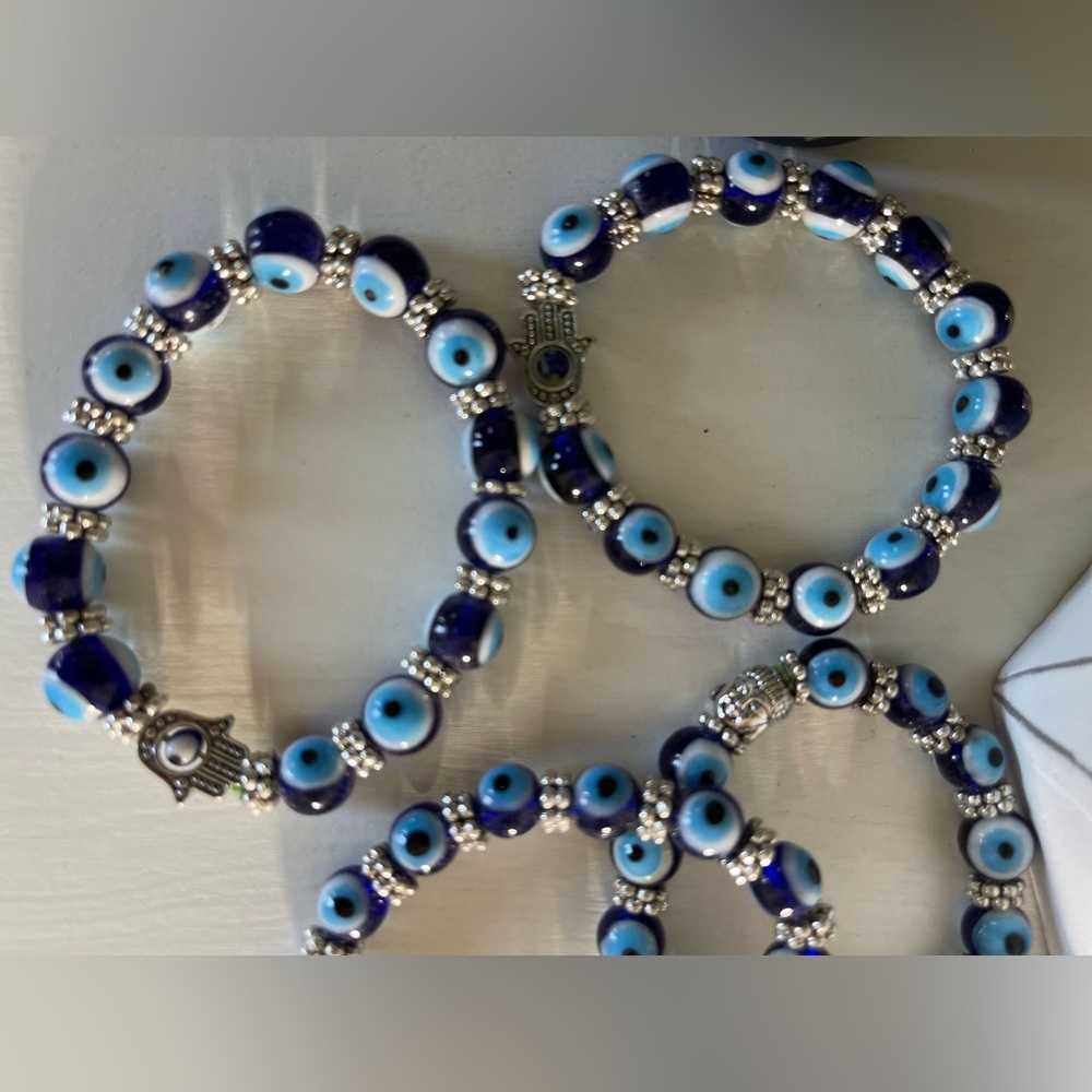 Silver and Blue Evil Eye Bracelet with Intricate Beadwork